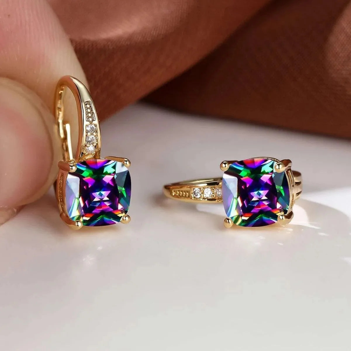 Square geometric ear clip earrings with colourful moissanite stone in gold and silver electroplated finishes