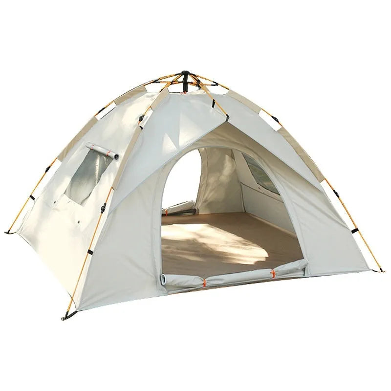 Cloud gray outdoor automatic folding camping tent with two doors and two windows, set up on grass with waterproof rainfly