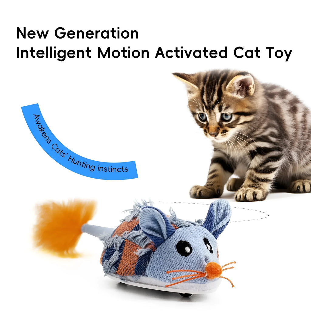 Electronic moving mouse cat toy with feather tail in blue or yellow colours, showing 18cm dimensions