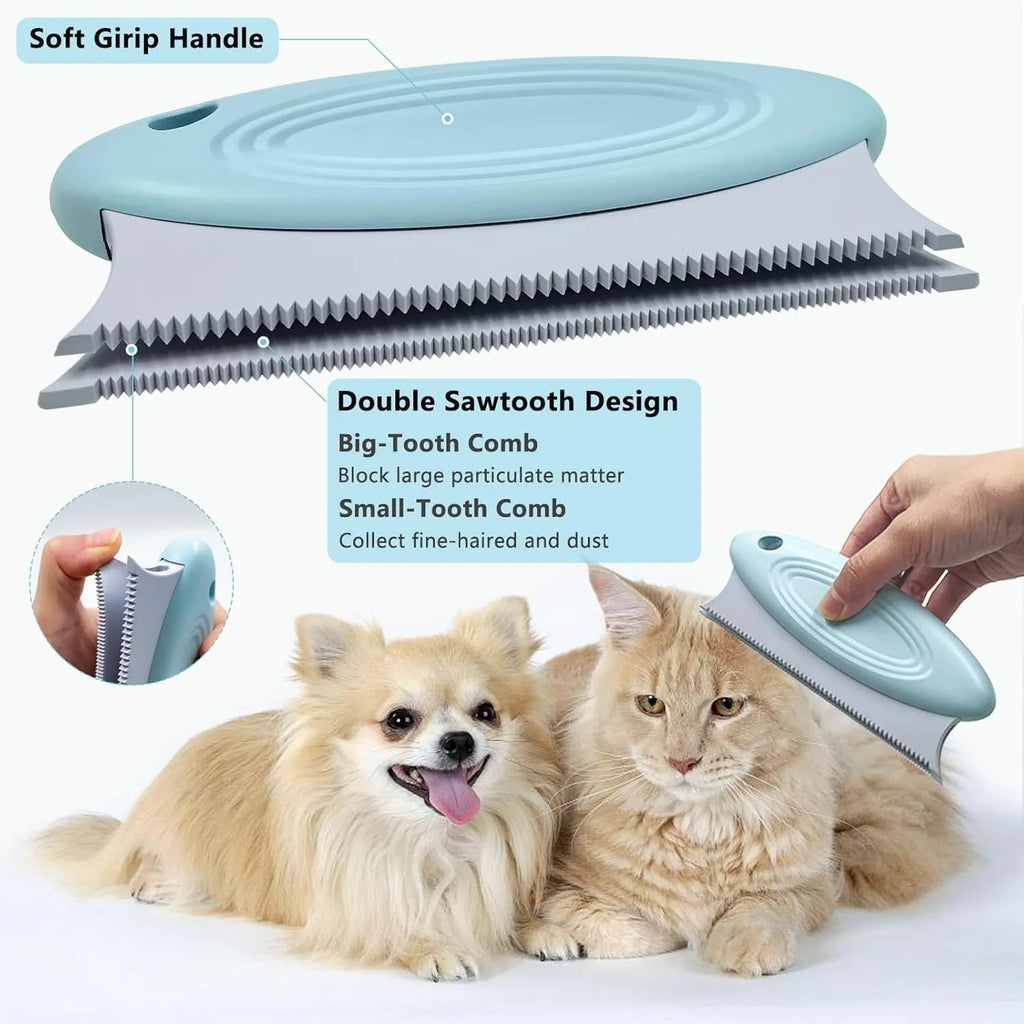 3-piece pet hair remover set showing metal lint shaver, silicone brush, and round ABS/TPR cleaner on a fabric surface.