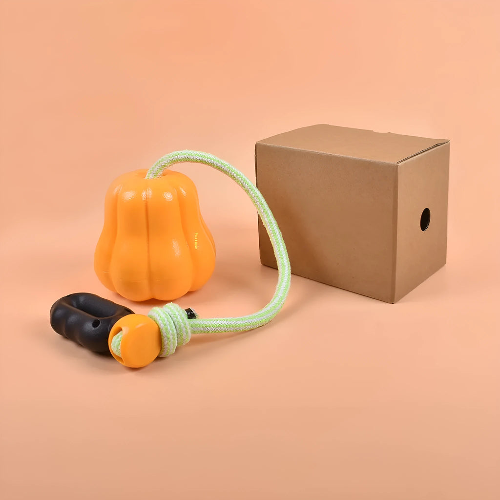 Orange plastic molar-shaped dog chew toy with rope, placed on grass for outdoor use.