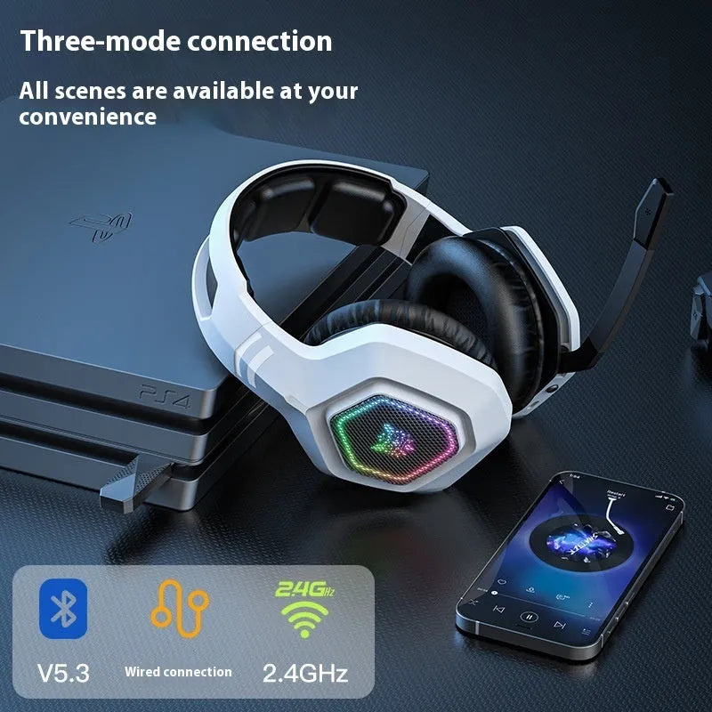 Black and white wireless gaming headset with RGB lighting on ear cups