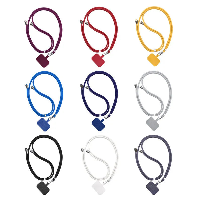 Universal card phone case lanyard in aramid fibre with electroplated carbon fibre skin, shown in multiple pure colours.