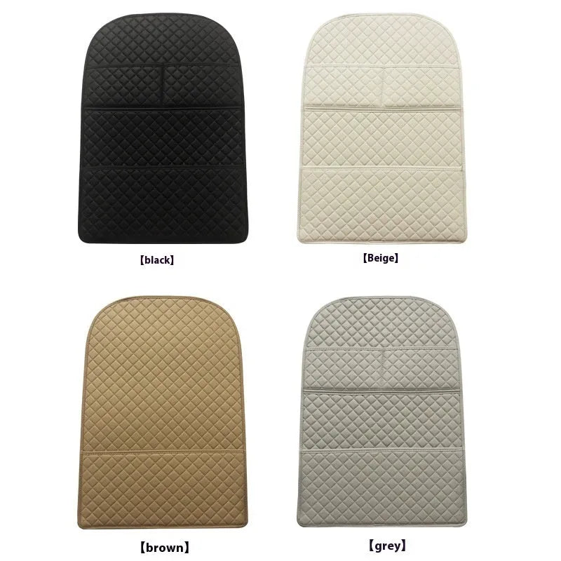 Leather seat anti-kick pad storage bag in black, protecting car seat back from kids' feet.