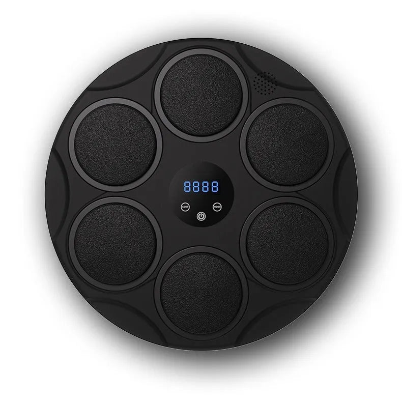 Smart Bluetooth boxing target with coloured lights on a black PU frame, hanging on a wall.