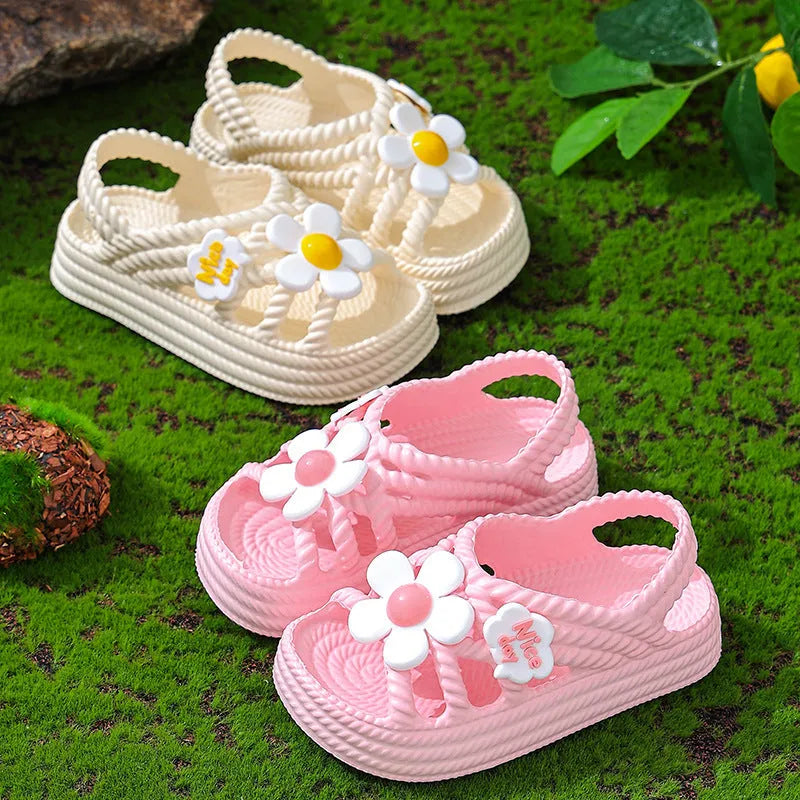 Girls' EVA summer sandals in pink with letter pattern, flower detail, and non-slip sole