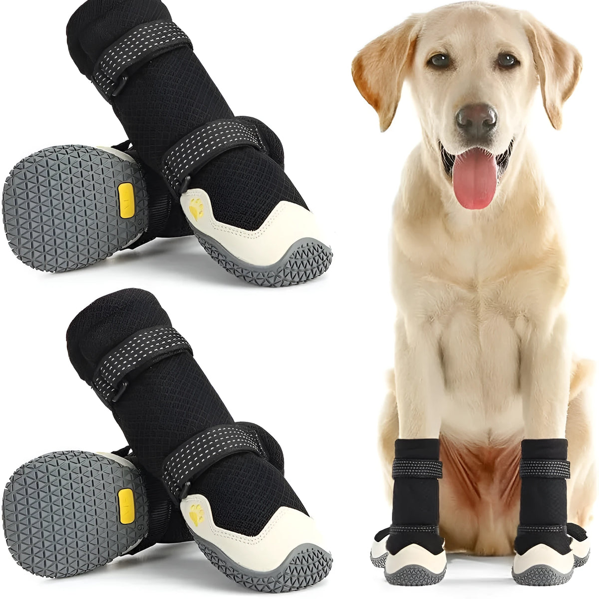 Soft-soled rubber dog shoes for medium and large dogs, no heel slippage, available in black, grey, red and green, sizes 1-8
