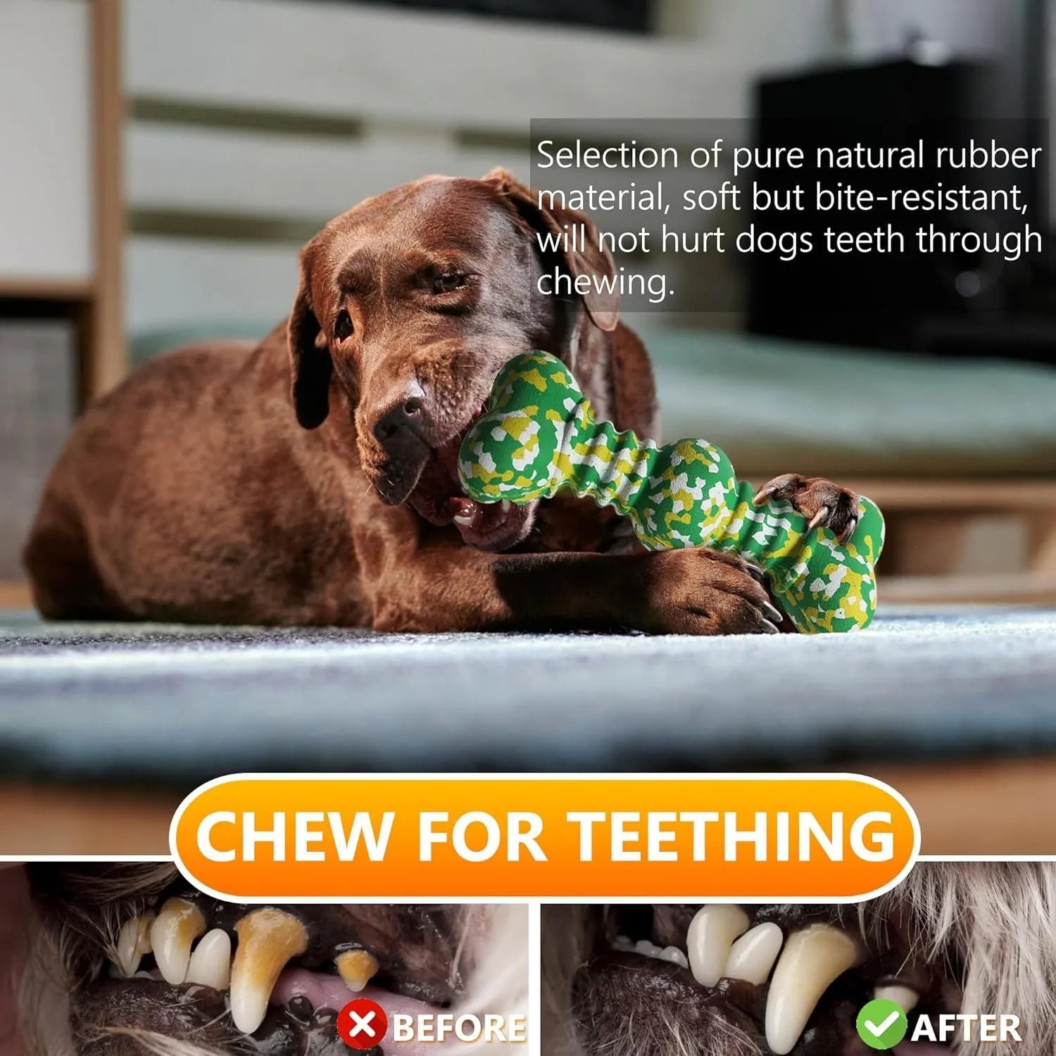 Green, white, and yellow camouflage pattern natural rubber bone chew toy for dogs on a wooden floor.