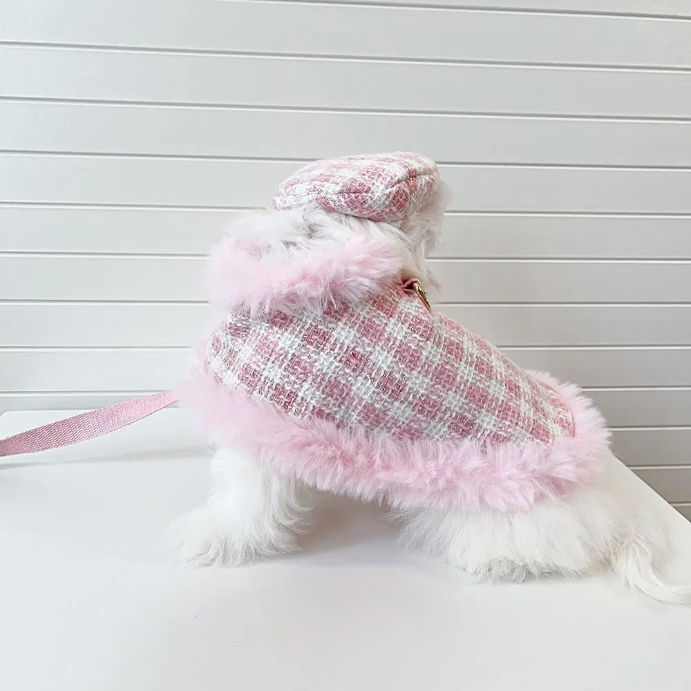 Pink cat costume cloak with matching beret and hand-held rope for female feline dress-up
