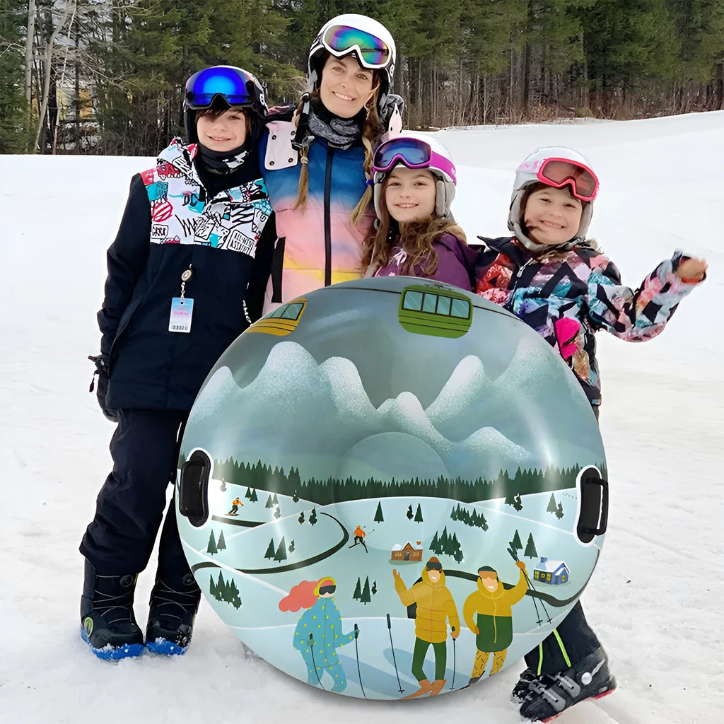 A thick PVC winter ski ring for sledding, available in flame red, ice-snow blue, or snow mountain printed designs.