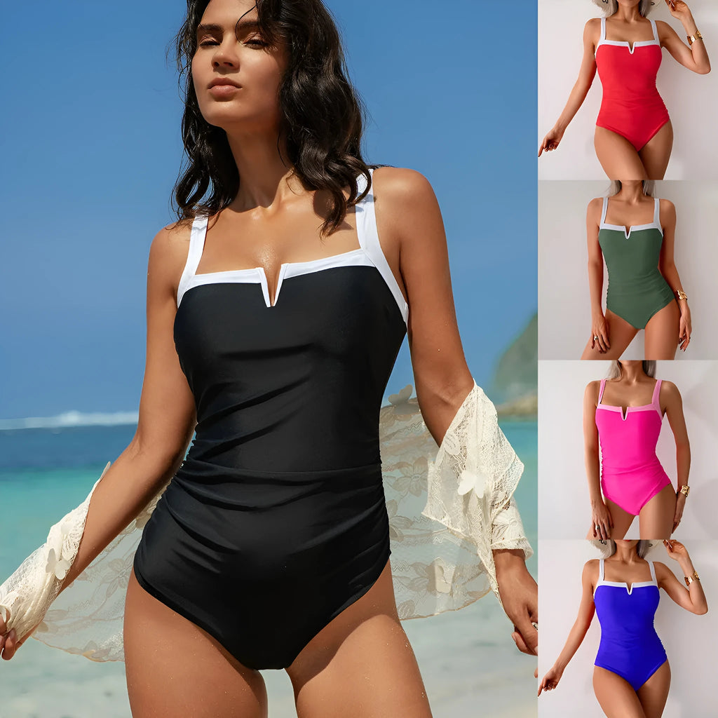 Women's nylon one-piece swimsuit in black and white colourway, sleeveless design