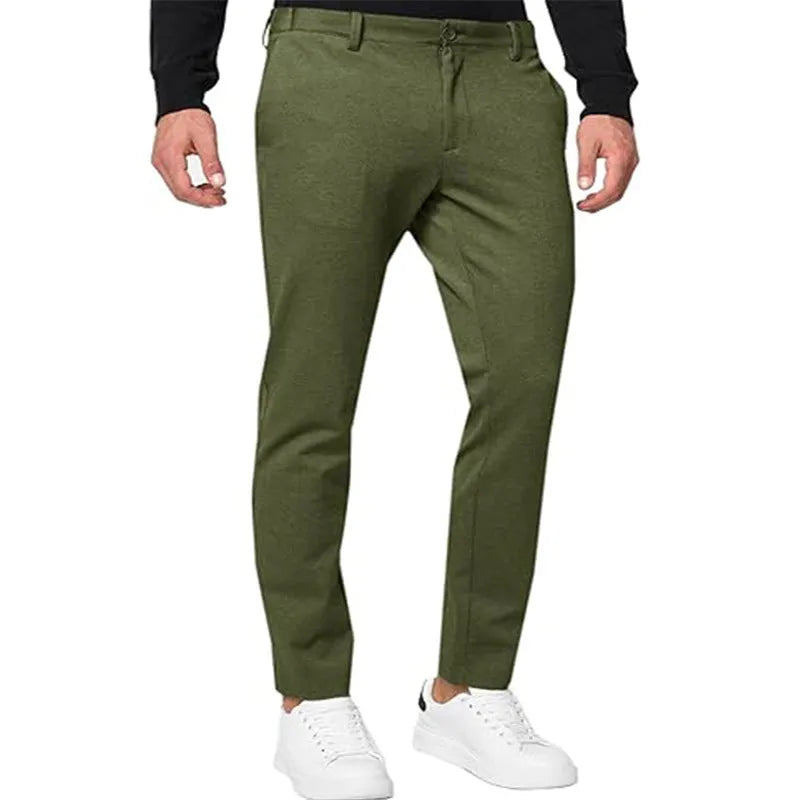 Men's slim-fit tapered chino trousers in a cotton-blend fabric, shown in solid colour options.