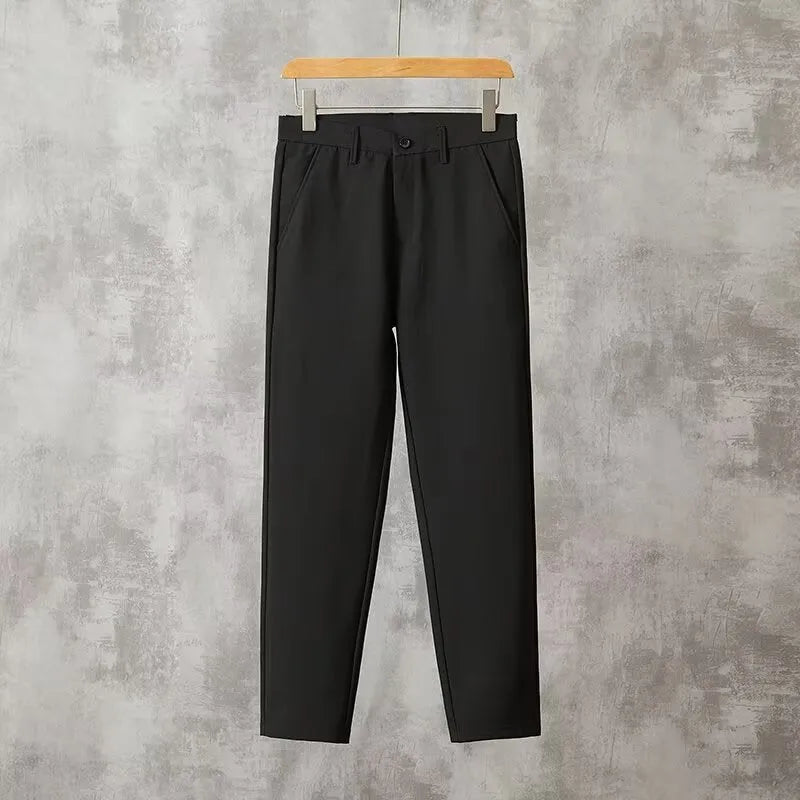 Men's slim-fit straight trousers in polyester, available in black, blue, khaki, dark gray, and light gray, sizes 27 to 38