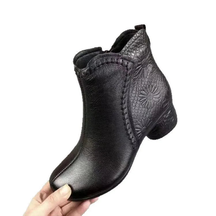 Women's winter anti-slip chunky heel boots with fleece lining, platform, and side zipper in brown fur lining option