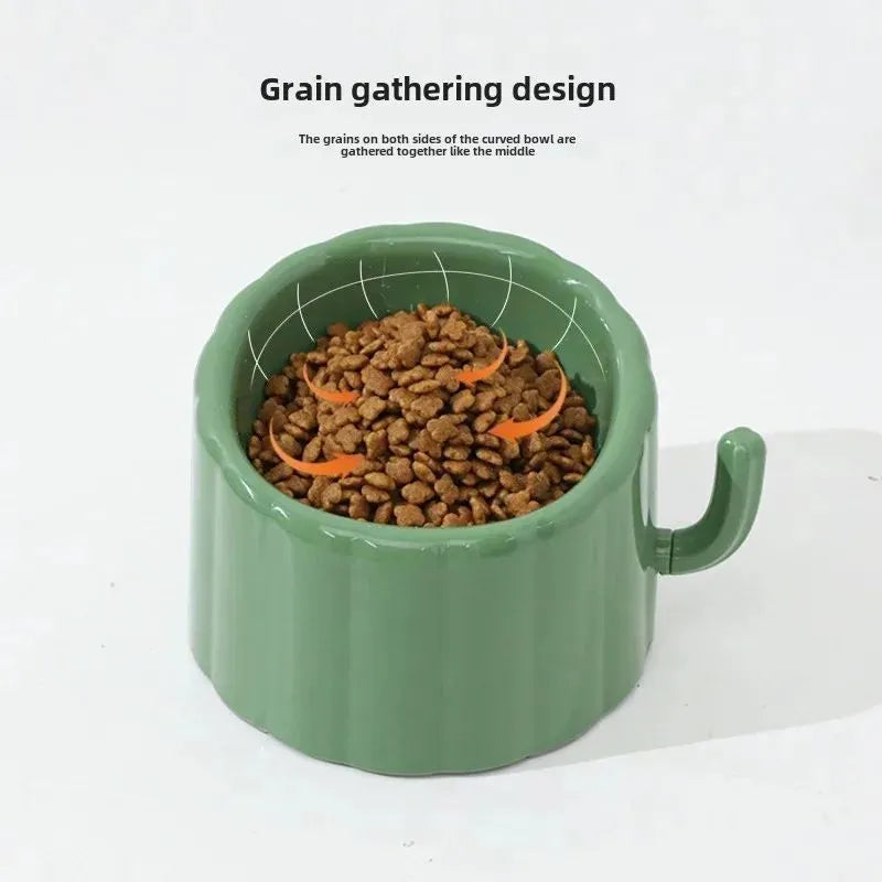 Solid green ceramic cat bowl with cactus pattern, high sides, and anti-slip rubber base ring.