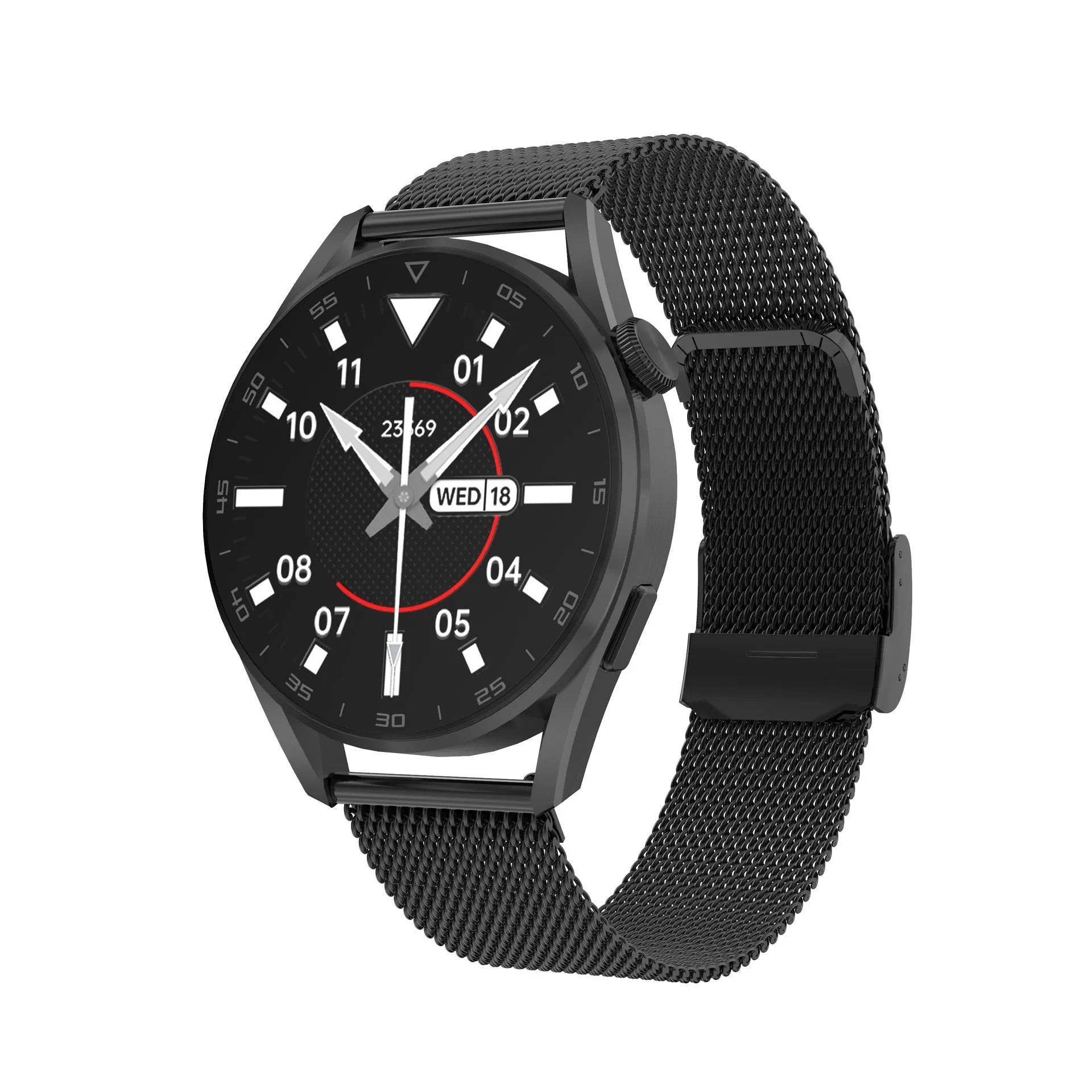 Black smart watch with metal band and 1.3-inch screen showing call interface.