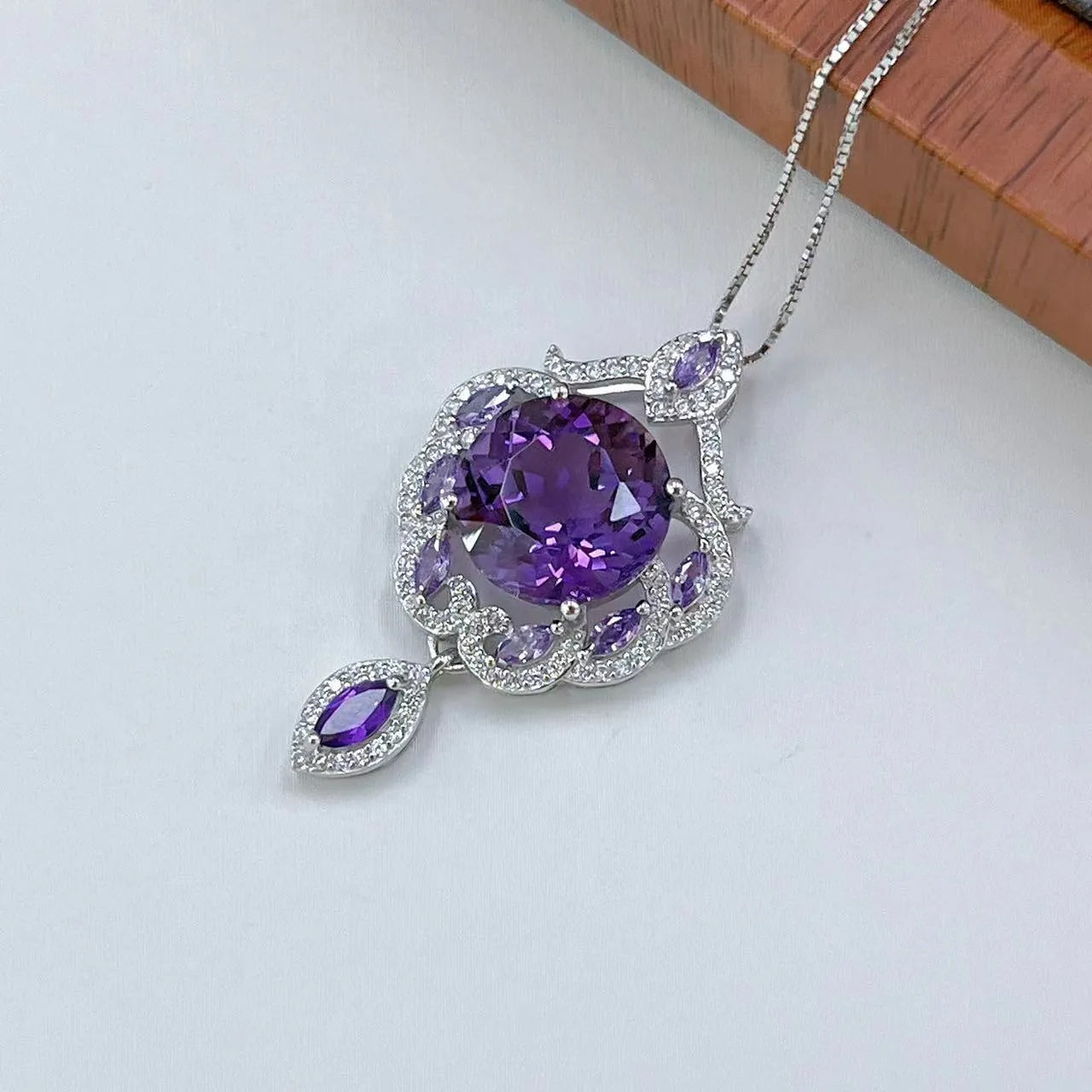 S925 sterling silver U-shaped pendant with platinum plating and purple amethyst stone