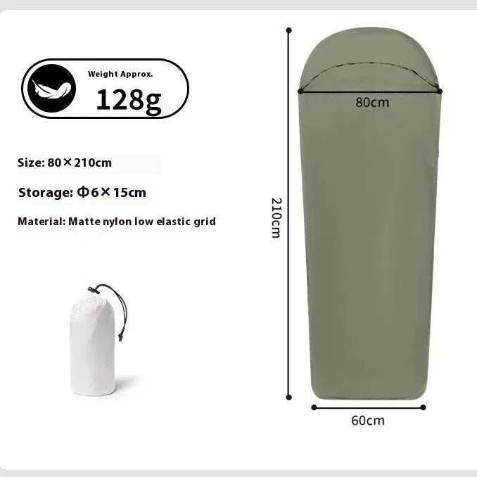 Blue mummy-style camping sleeping bag made from matte nylon fabric, shown rolled and unrolled.