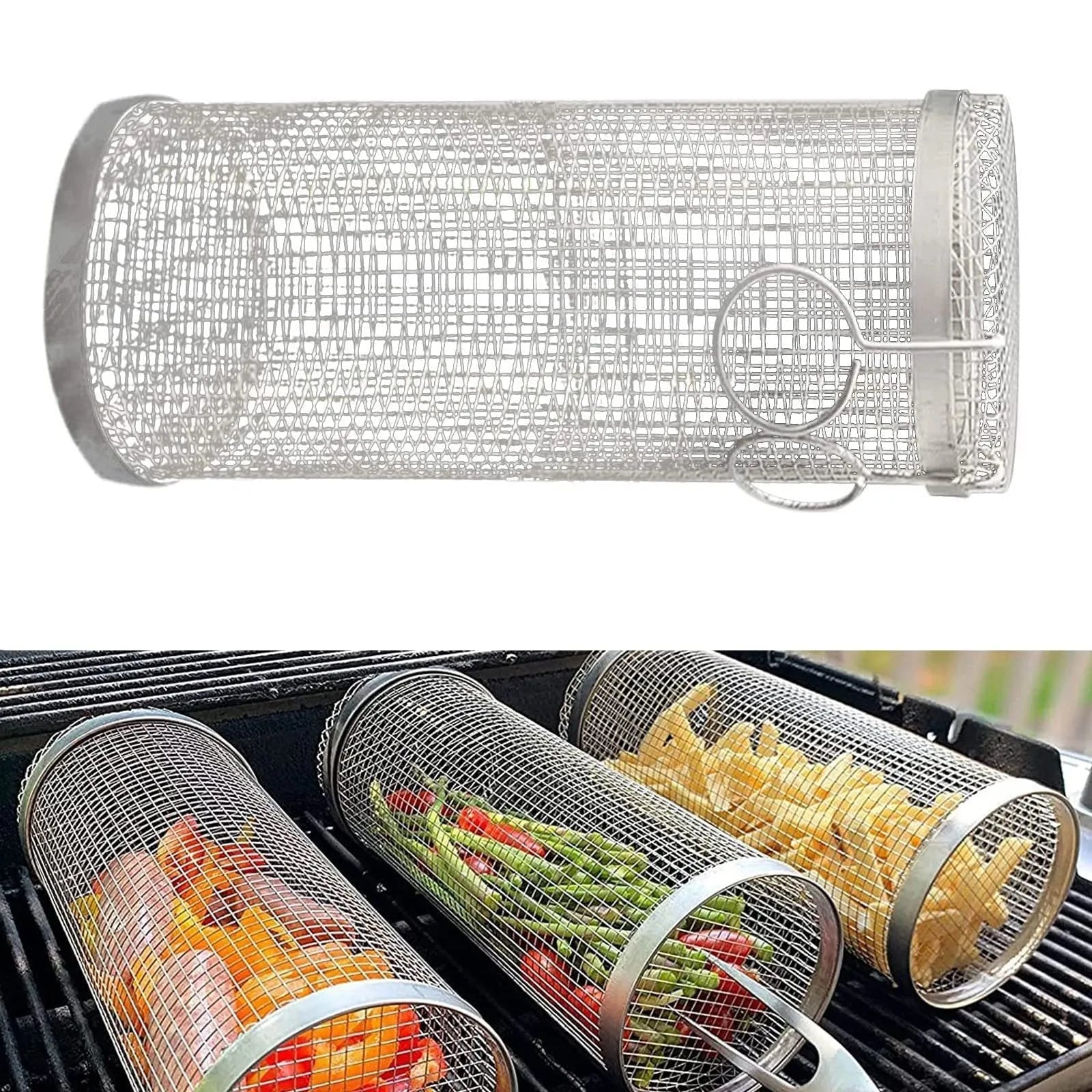 Stainless steel rolling BBQ grill basket with mesh cylinder design for vegetables meatballs