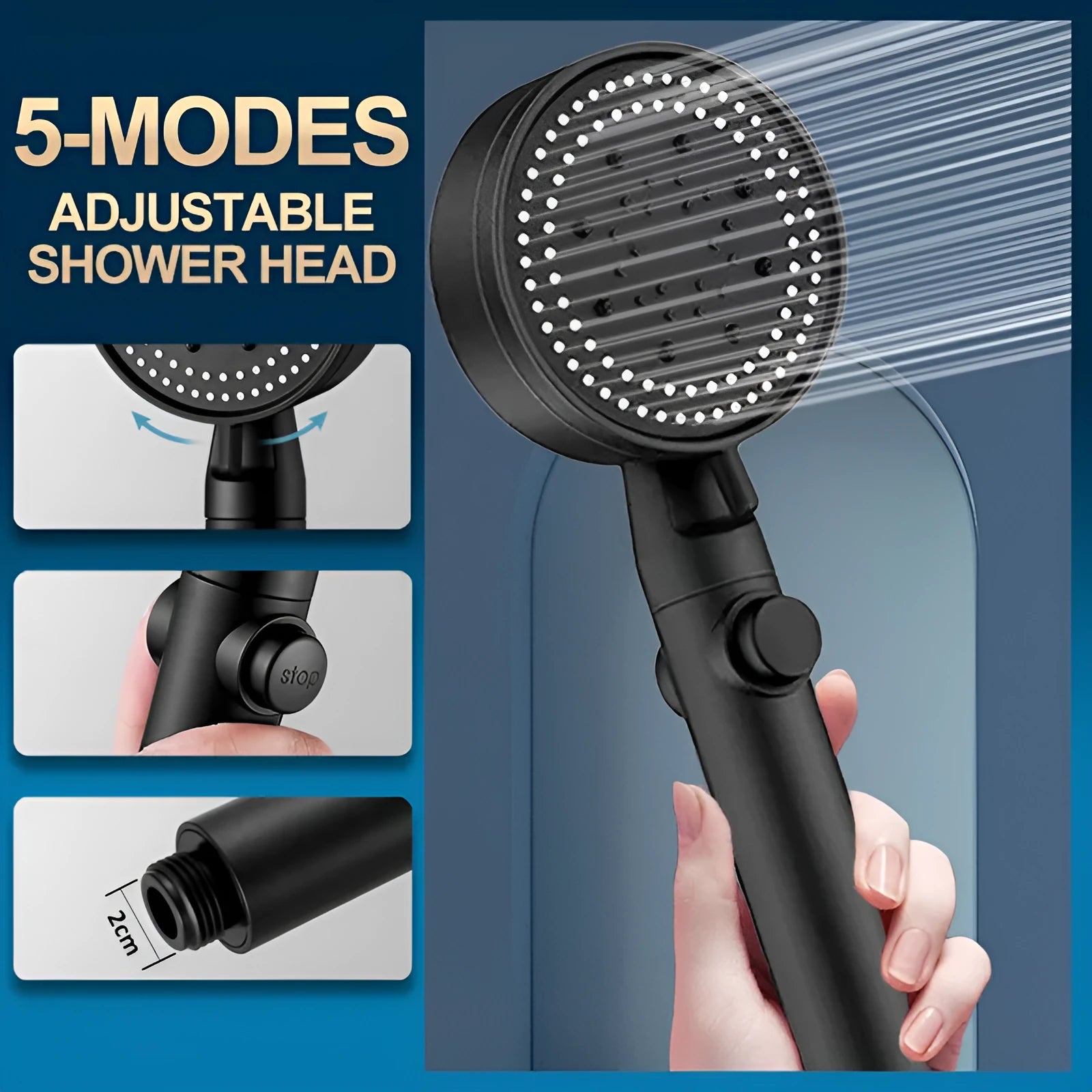 Portable 5-speed pressurised shower head with large water output in modern minimalist design