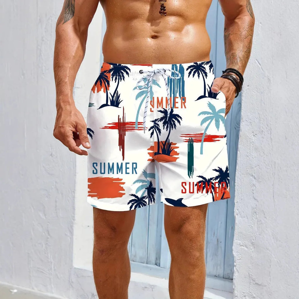 Man's quick-drying micro-elastic swimming trunks in a choice of colours on a size chart background.