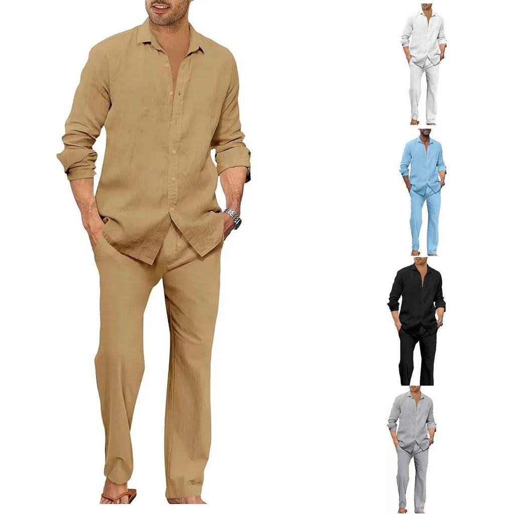 Men's cotton casual long sleeve top and trousers set in gray, available in sizes S to XXXL