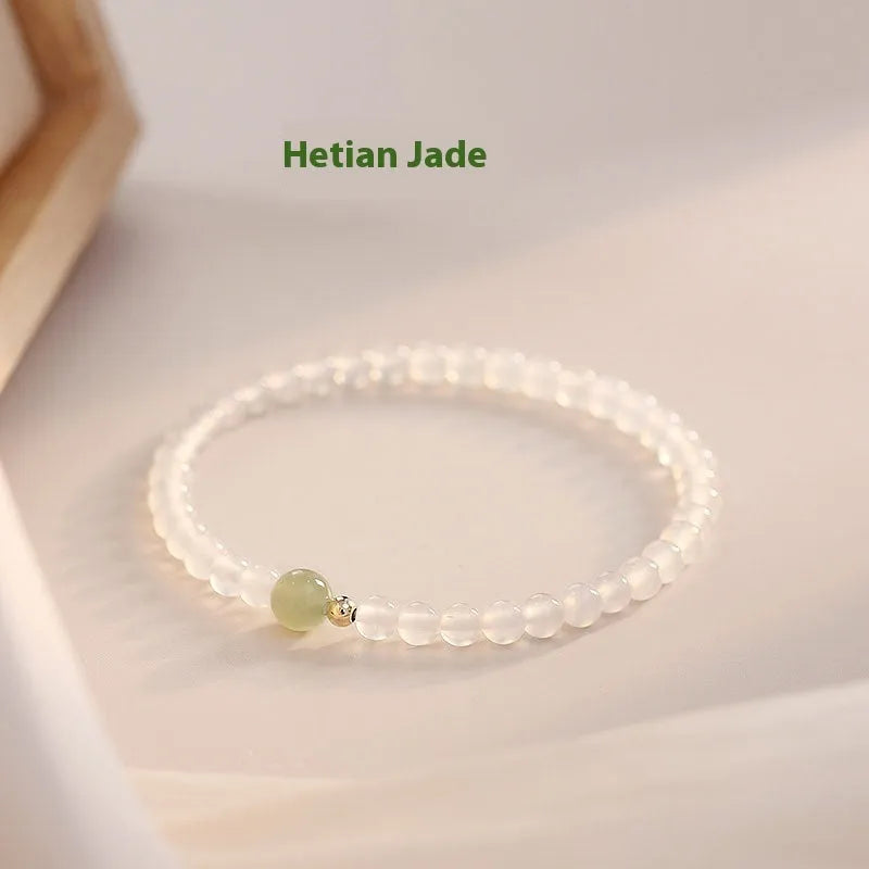 Handmade New Chinese style white agate beaded bracelet for women, 15 cm long.