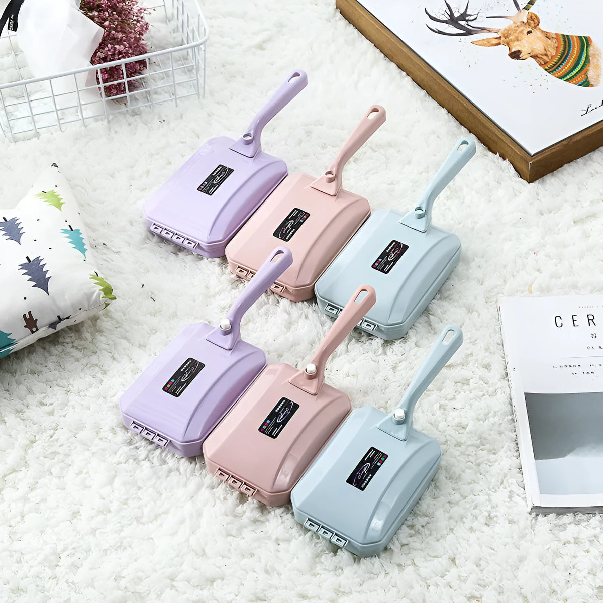 Plastic electrostatic dusting brush for bed sheet, quilt, sofa, and carpet hair removal, blue pink purple