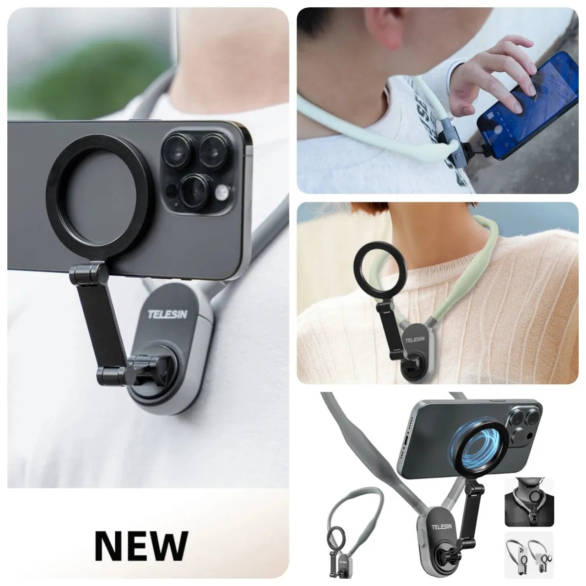 Grey silicone magnetic phone neck mount with quick release mechanism and anti-release rope