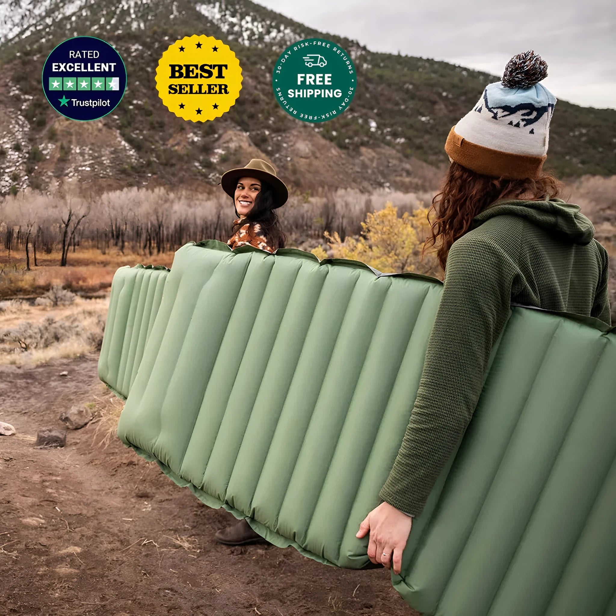 Inflatable camping mattress showing waterproof 40D nylon TPU material and included inflation pump