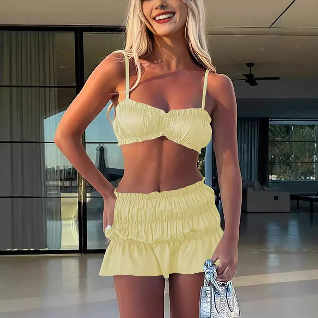 Black stretch silk satin tube top and pleated miniskirt two-piece suit for women with crumple texture