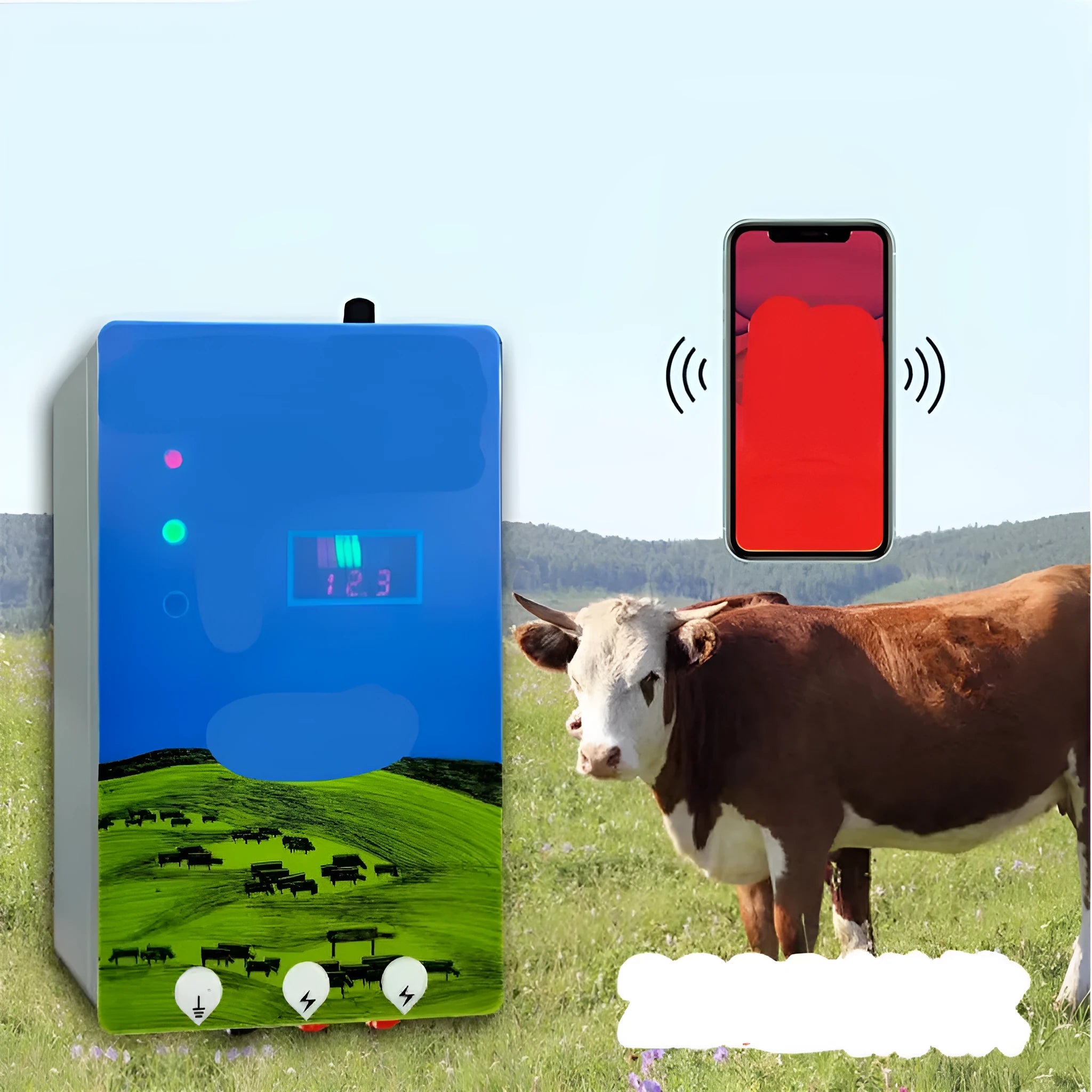 Animal husbandry electric fence alarm host unit with display options and solar panel for pasture livestock security.