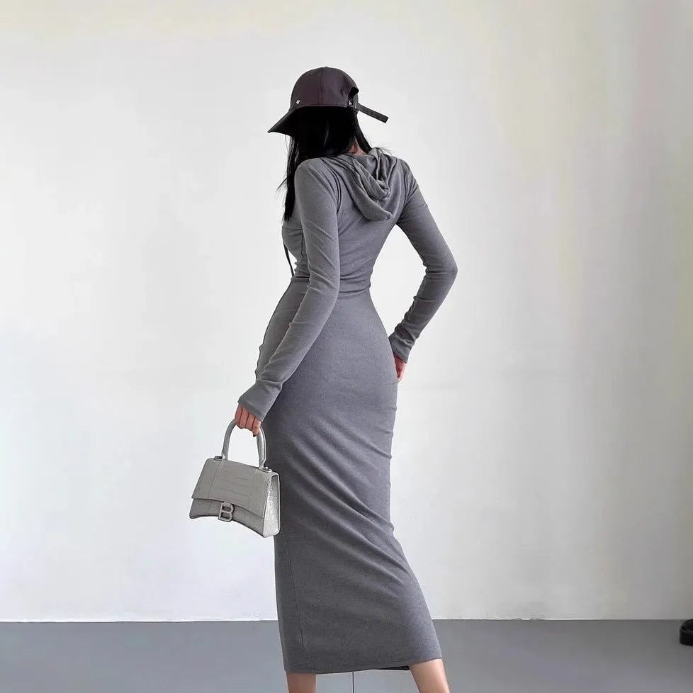 Women's long sleeve hooded sheath dress in polyester, shown in light grey colour
