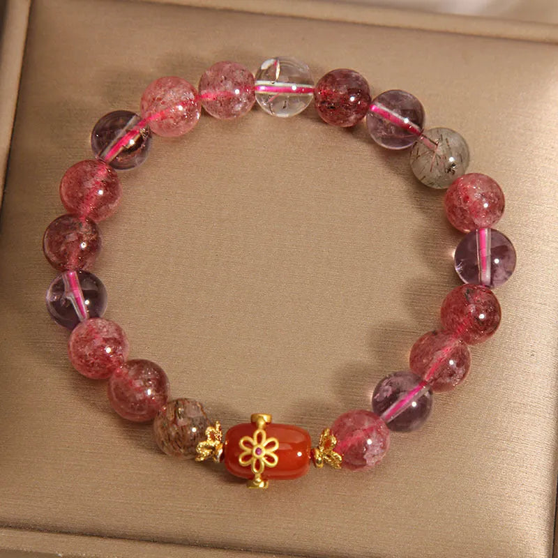 Natural Super Seven crystal bracelet with red agate and white stones in a cartoon style.