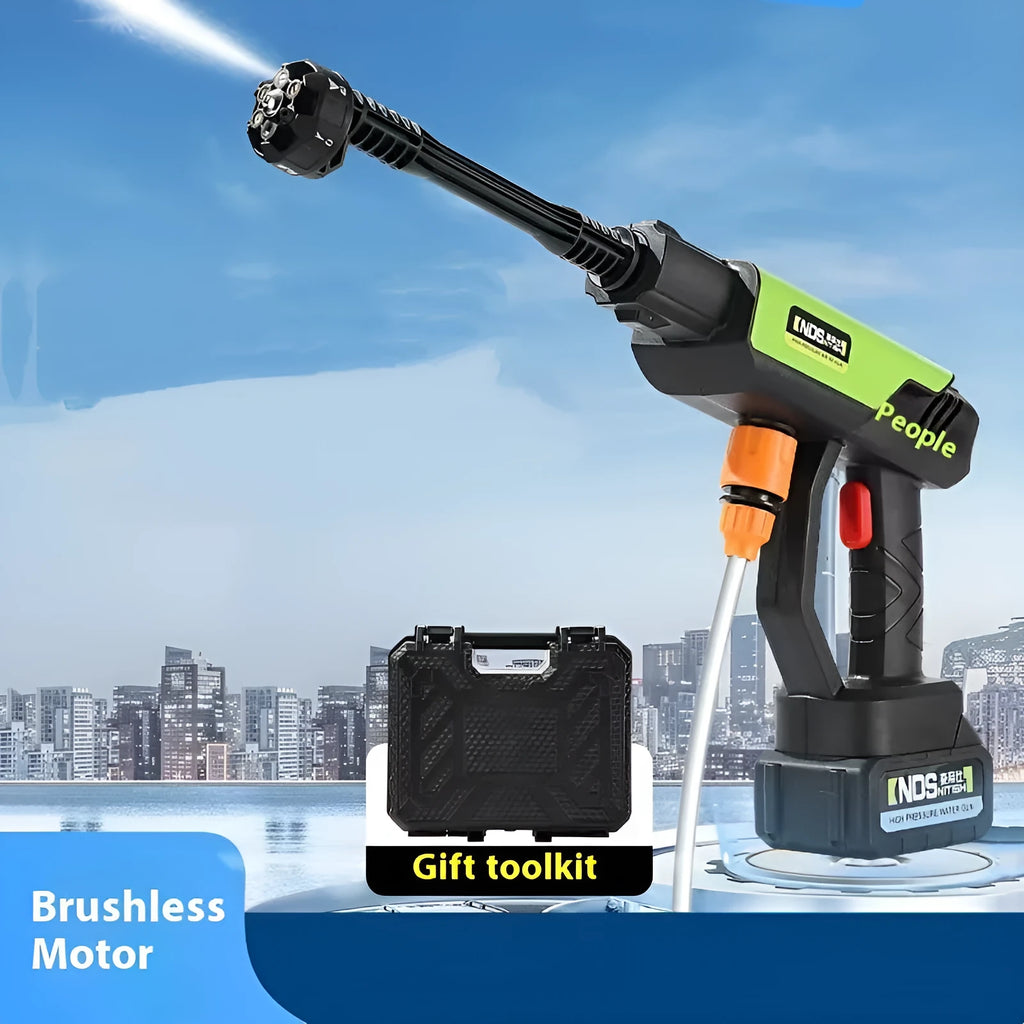 Green wireless high-pressure water gun with six nozzle attachments for outdoor cleaning