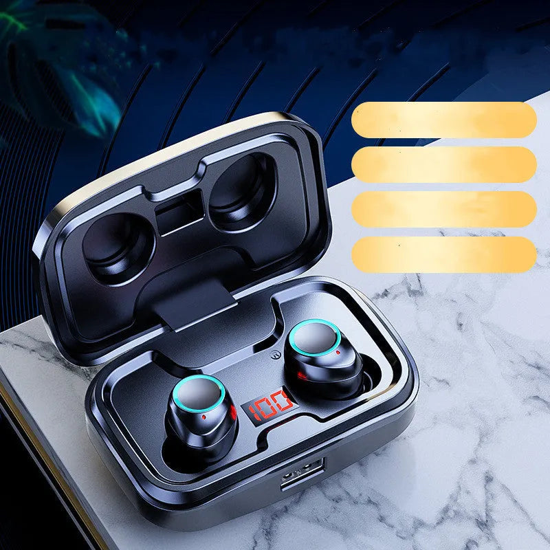 Black wireless Bluetooth in-ear earphones with red charging case on a white background.