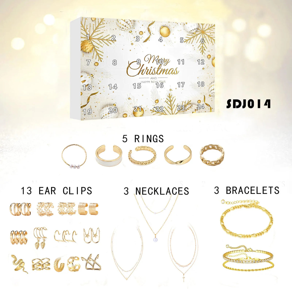 24-day Christmas countdown jewellery blind box in modern simple design, 27x19x3.5cm plastic lined colour printing corrugated box