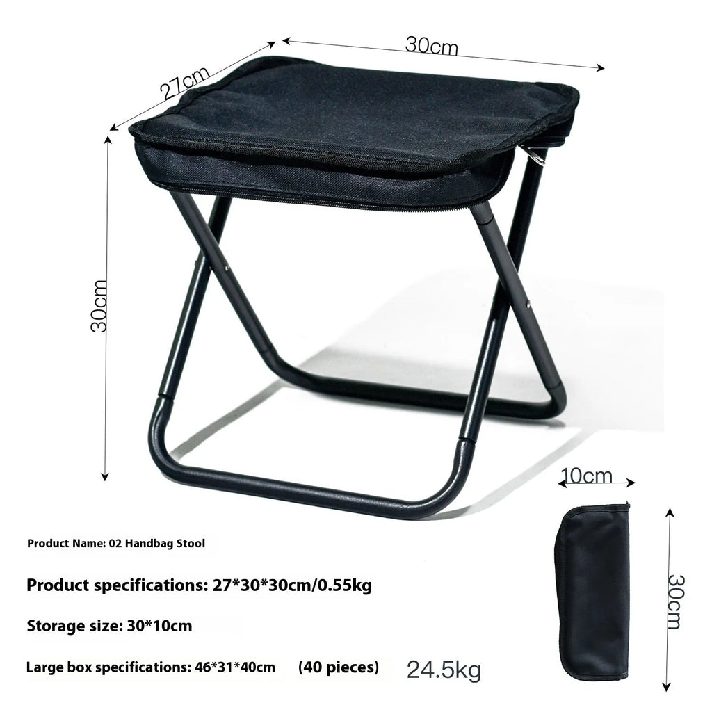 A lightweight foldable camp stool with an Oxford cloth seat, shown in a collapsed pencil box design.