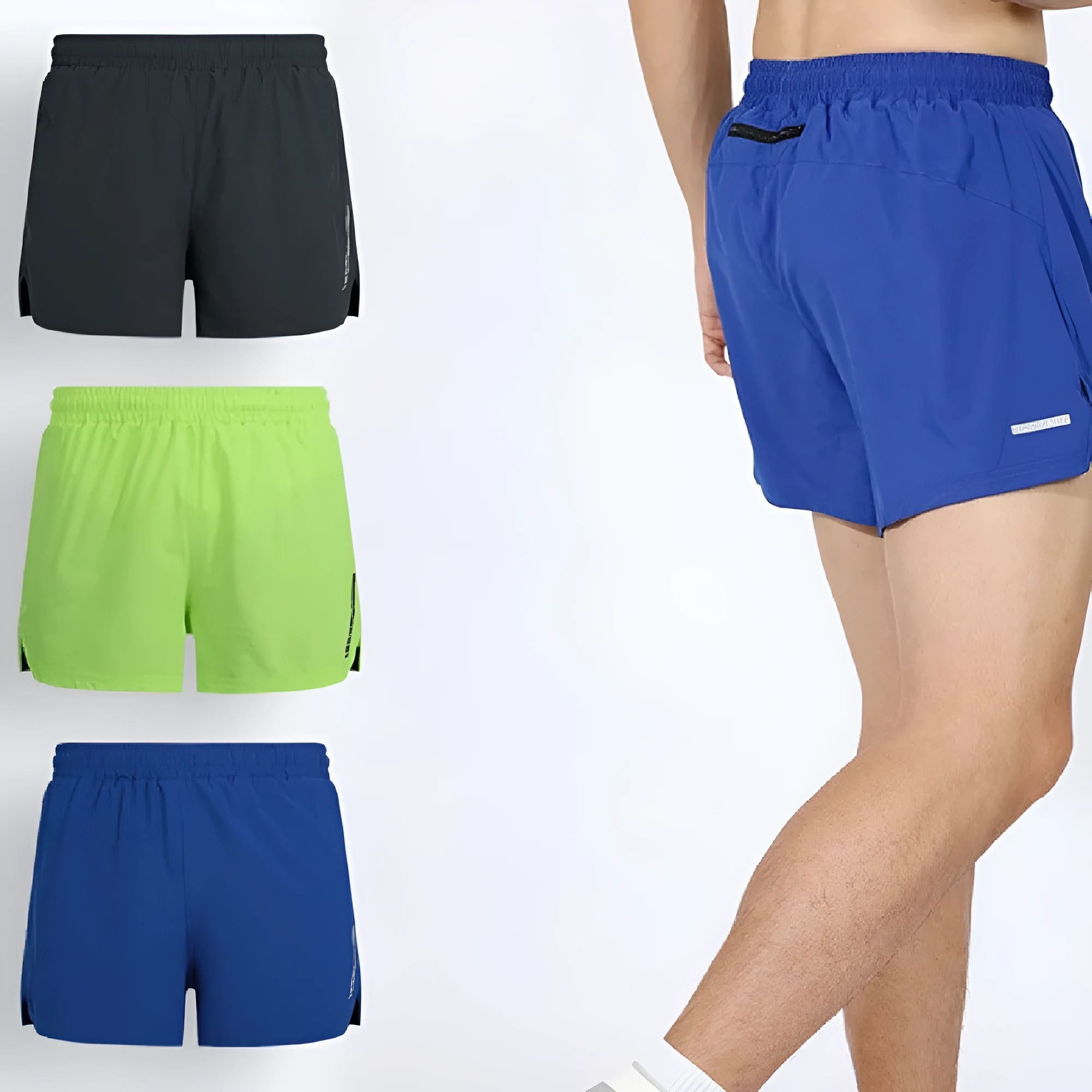 Straight-leg running shorts in grey, shown on a neutral model, highlighting the quick-dry polyester fabric.