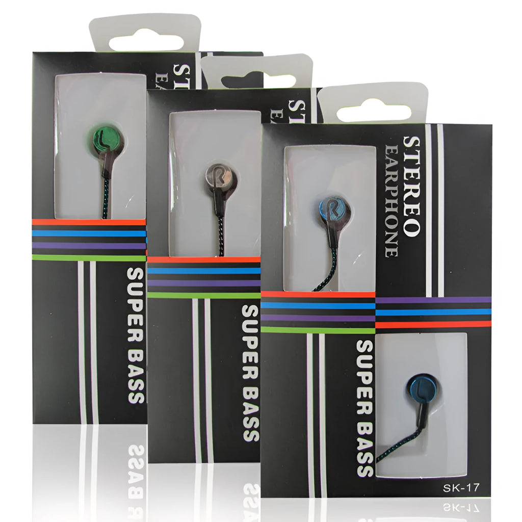 Classic braided in-ear headset with nylon cloth line and 3.5mm plug in blue, gold, red, silver gray