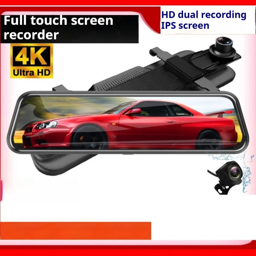 HD 1080p dual lens rearview mirror recorder with 9.66 inch touch screen mounted in car showing front video