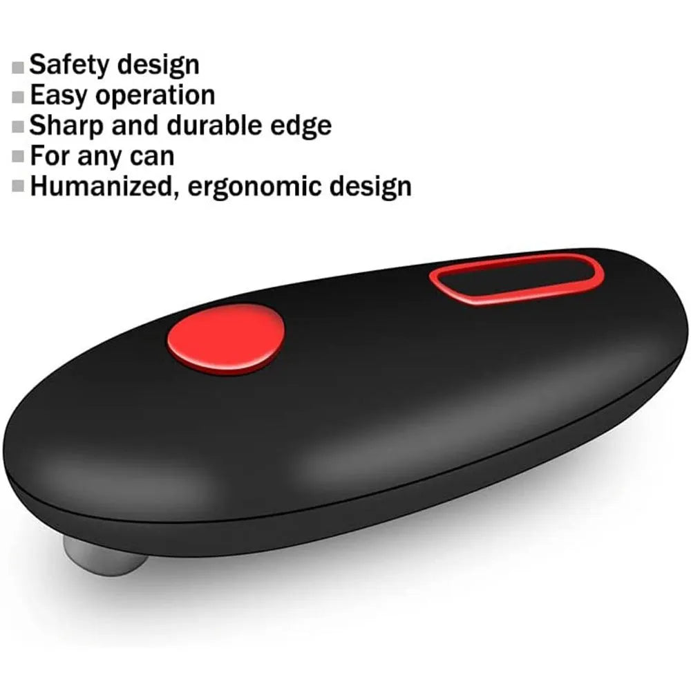Black electric can opener with plastic construction for one-touch opening of cans, jars and bottles