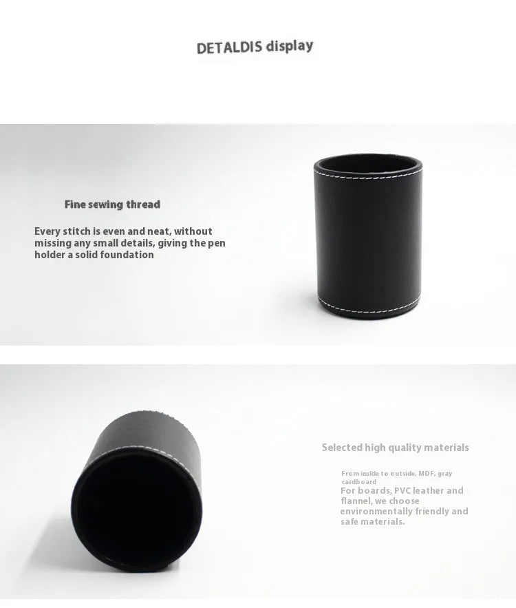 Round black leather pen container on a desk holding pens and pencils.