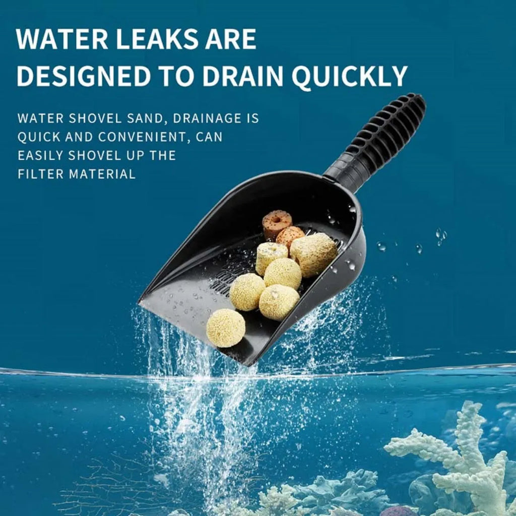 Aquarium sand shovel with extendable handle and quick-drain design for fish tank maintenance
