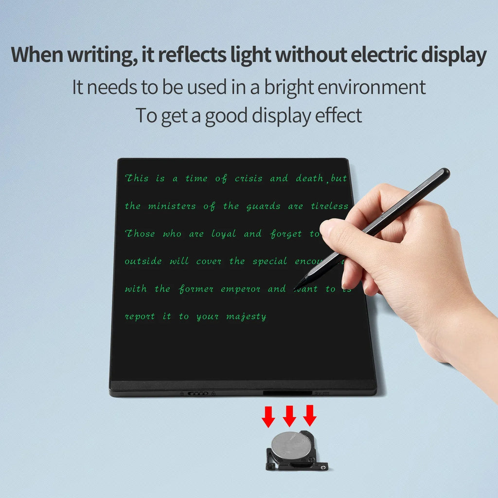 9.5 inch double side screen LCD handwriting board in black with stylus pen on desk