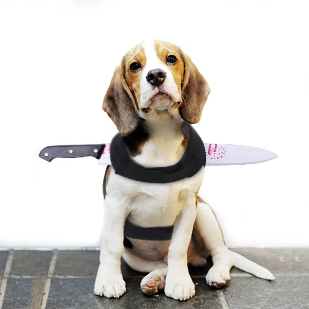 Black felt pet costume vest with plastic bloody knife blade for cats and dogs, hook and loop fasteners, three sizes