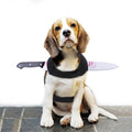 Black felt pet costume vest with plastic bloody knife blade for cats and dogs, hook and loop fasteners, three sizes