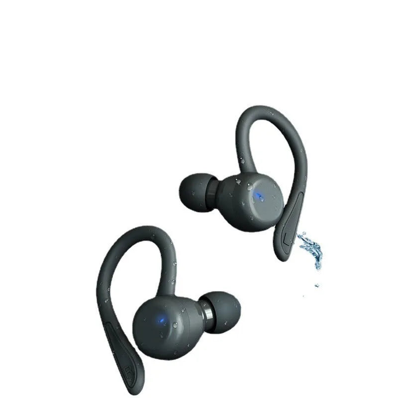 True wireless sports headphones with black hanging ear design, removable ear hooks and charging case.