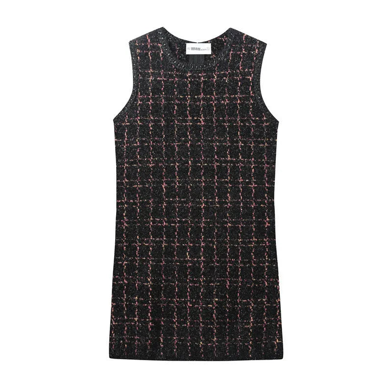 Women's slim-fit texture knitted mini dress with asymmetric hem, pleated hooded design, striped plaid pattern, in picture colour