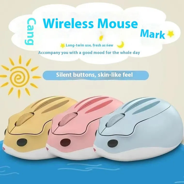 Hamster 109E wireless Bluetooth mute mouse in yellow, pink, and gray colour options showing compact design